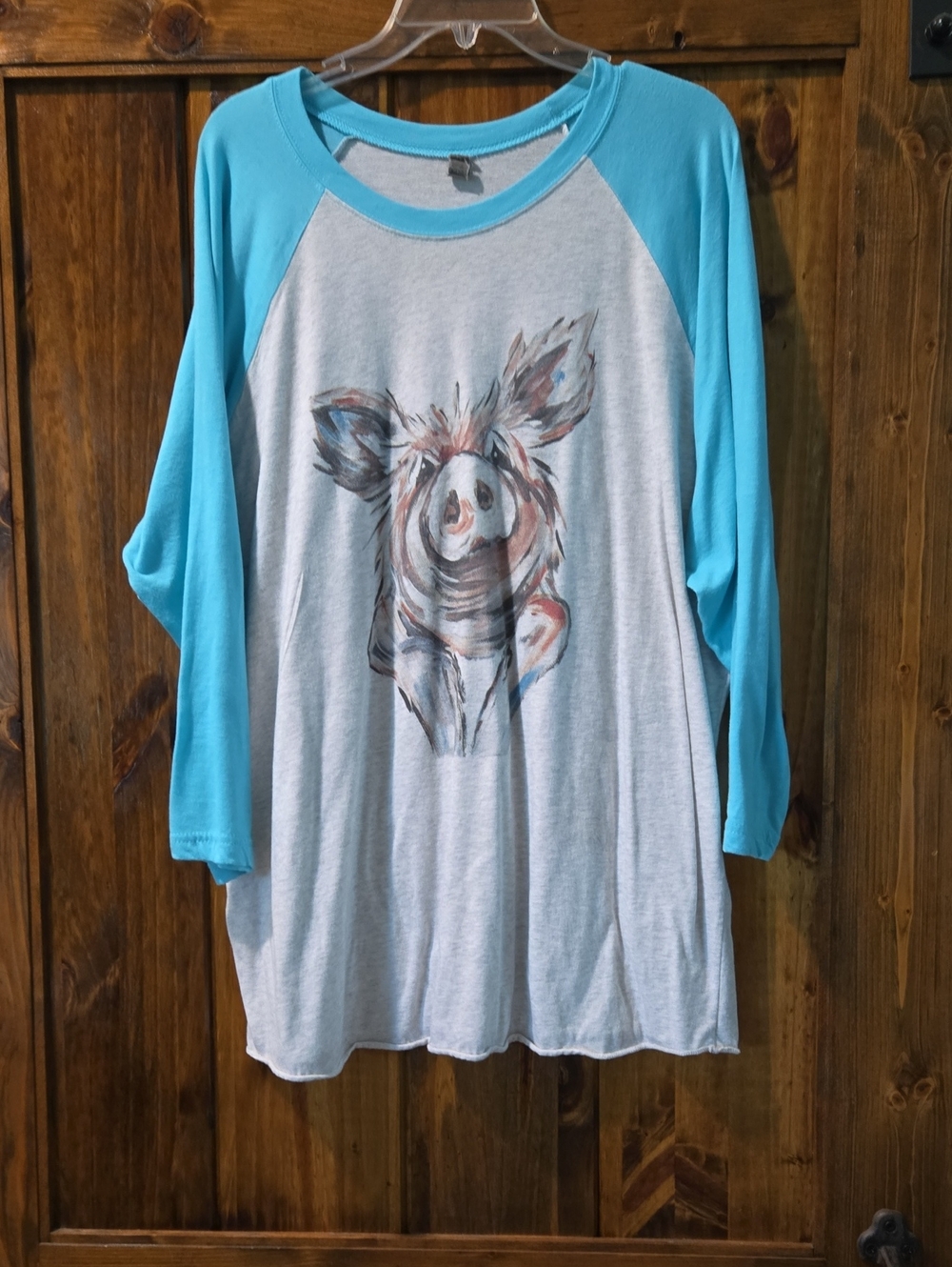 Next Level Apparel Light Gray & Aqua Raglan Tee with Painted Pig